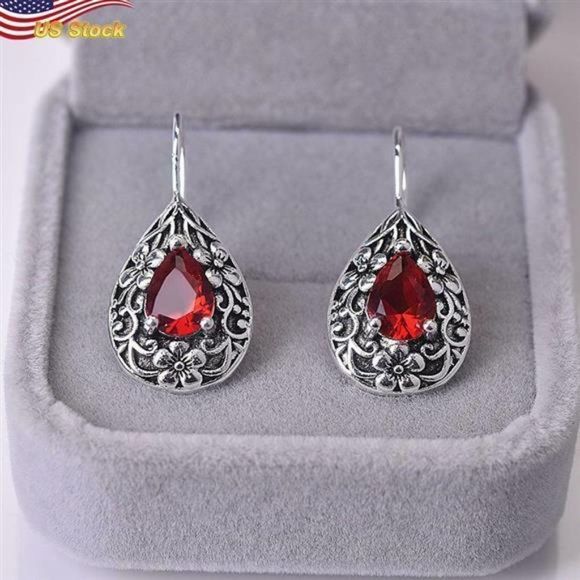 Women's Earring Artificial  Red Ruby Drop Earrings 925 Silver Plated Boho Style - Picture 1 of 6
